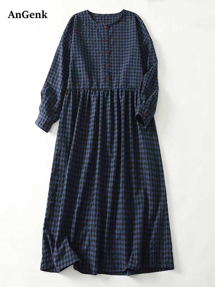 Vestidos a cuadros Vintage de algodón para mujer, vestido informal holgado de manga larga para trabajo de oficina, Vestidos, ropa elegante para primavera y otoño 2025