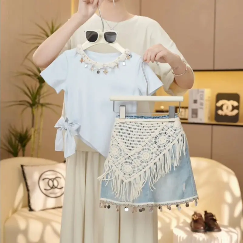 new-baby-girls-summer-teenage-sets-top-tassel-jean-skirts--princess-elegant-suits-4-10-t