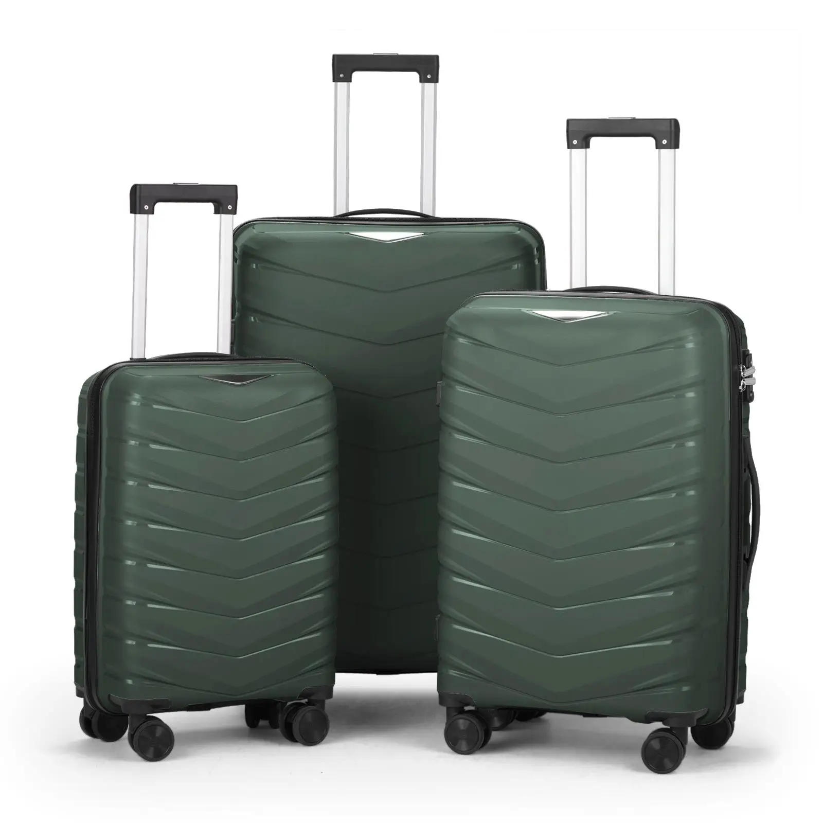 V-Shaped Stripes 3-in-1 PP Trolley Case - 20/24/28in Dark Green with Classic Grain Pattern