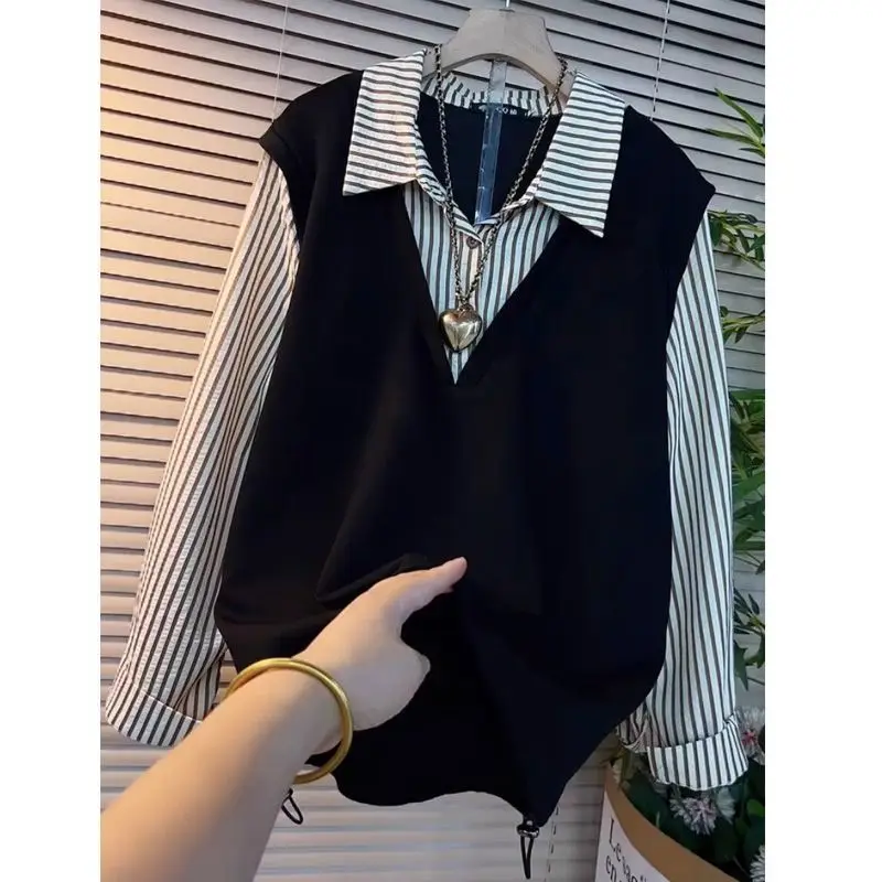 Korean Version Lapel Spliced Striped Fake Two-piece Shirt Autumn and Winter New Item Plus Size Chubby Sister Long Sleeved Tops