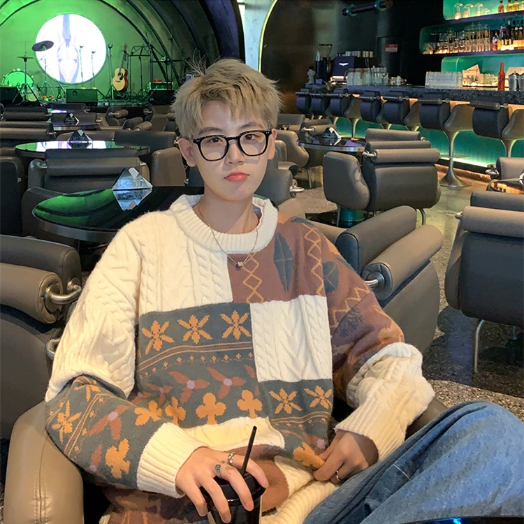 

Утепленный свитер с вставками для мужчин, осенне-зимний, свободный, молодежный, повседневный, вязаный, винтажный, теплый базовый слой, верхняя одежда