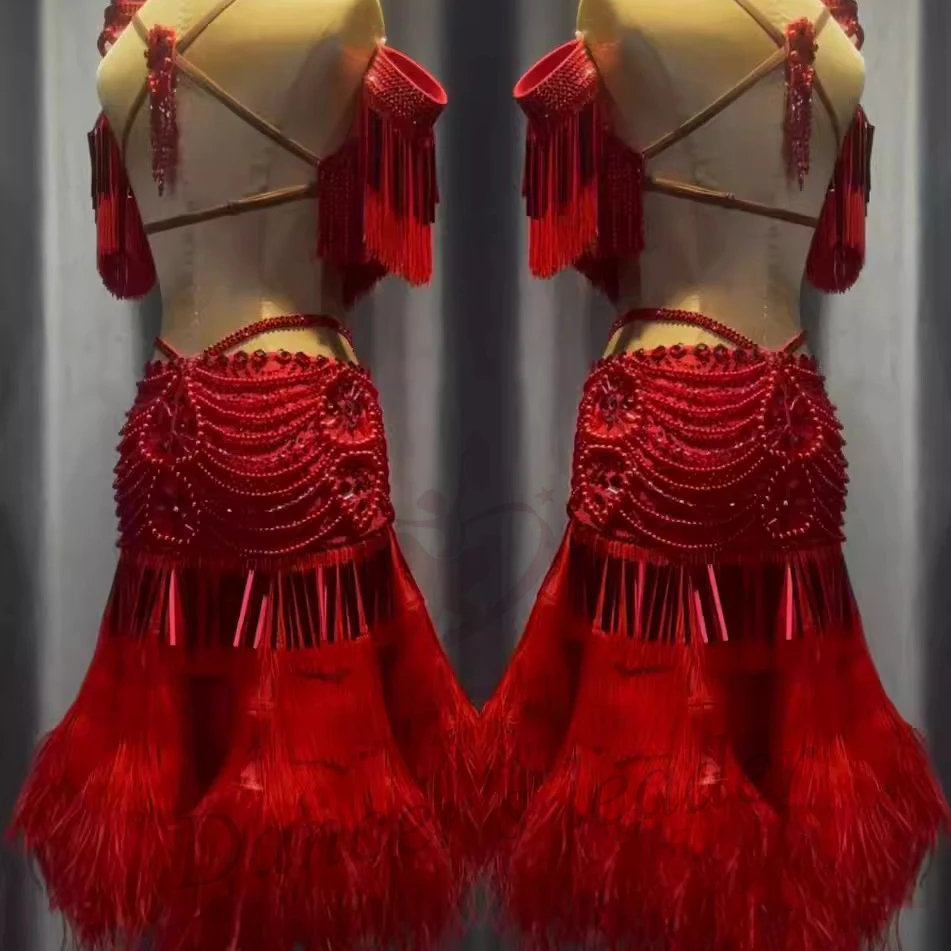 Latin Dancers, Adults, Children, High-End Customized Large Swing, Split Fluffy Skirt, Samba AB Stone Performance Dress