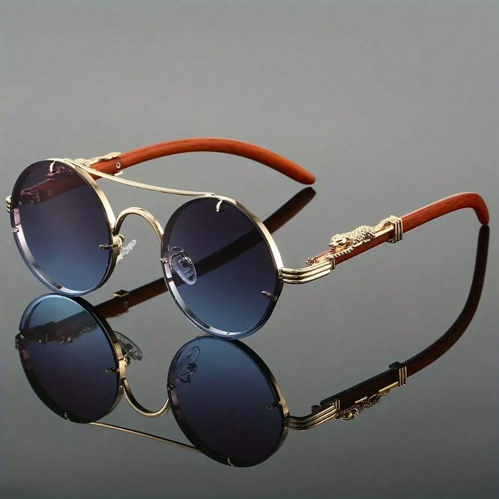 

Stylish Round Metal Frame Sunglasses - Gradual Change PC Lenses With Protective Case, Luxurious Double Beam Design, Leopard Print Detail Hinge, Suitable For Men And Women, Perfect For Vacation, Street Photography, And As A Unique Gift