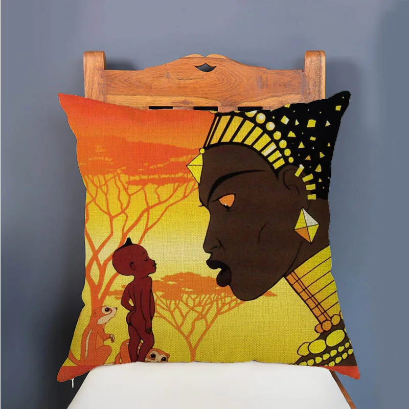 Africa Woman Map Warrior Fair Tale Sofa Throw Pillow Cover Cotton Linen African Art Gallery Decorative Home Chair Cushion Cover