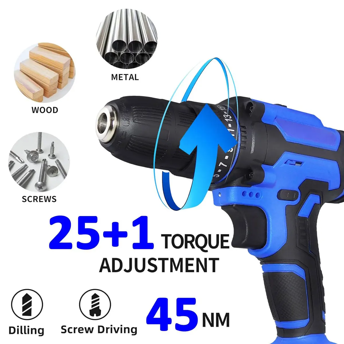 21V Cordless Drill Set, Cordless Drill Bit Drive Set, Electric Drill Set with 3/8" Keyless Chuck, with Work Light, Max Torque 45