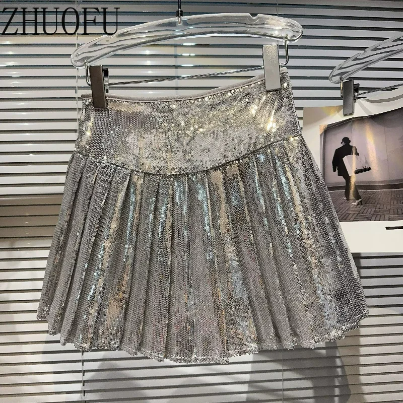 Women Sequin Pleated Mini Skirt High Waist Glitter Y2K Shiny Nightclub Party Concert Streetwear Black Silver A Line Short Skirts