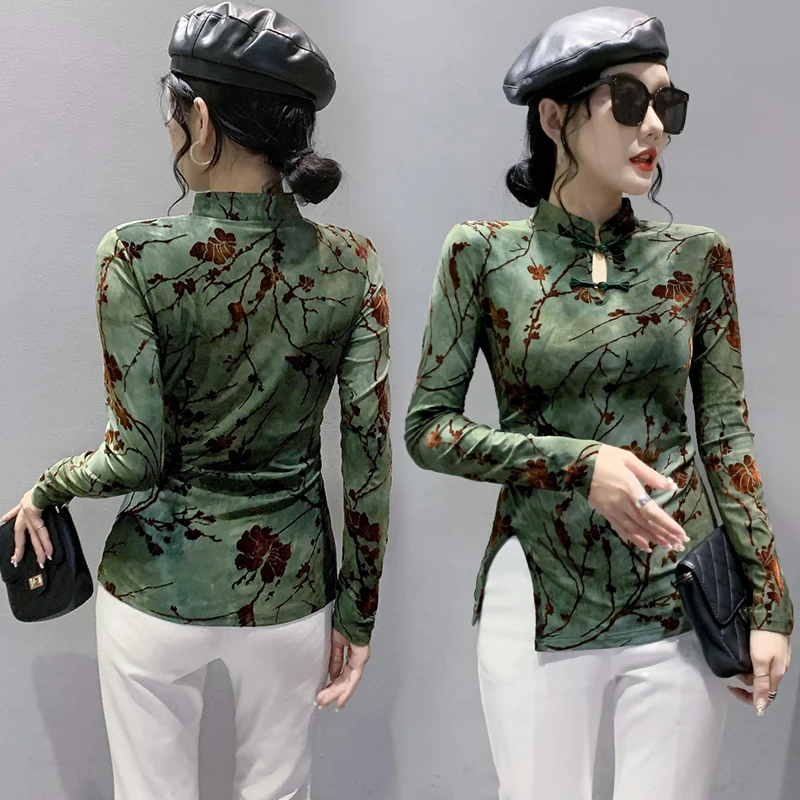 Vintage Mesh T Shirt Top Female Full Sleeve Flocking Chinese Style Collar Floral High Stretchy Tee Shirts For Women