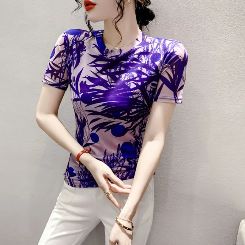 #4243 Summer 3D Printed T Shirt Women Short Sleeve Slim Sexy Mesh Tshirt Femme O-neck Elastic Streetwear T Shirt Korean Fashion