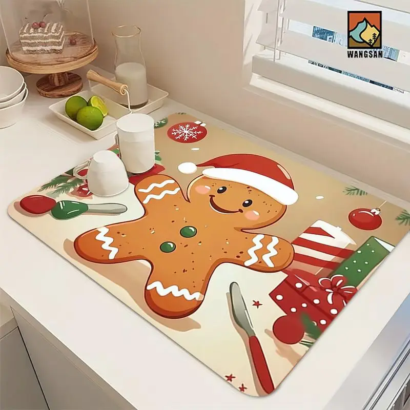 VIKAMA Cute Christmas Gingerbread Man Absorbent Coffee Mat Non‑Slip Dish Drying Pad For Kitchen Countertop Holiday Home Decor