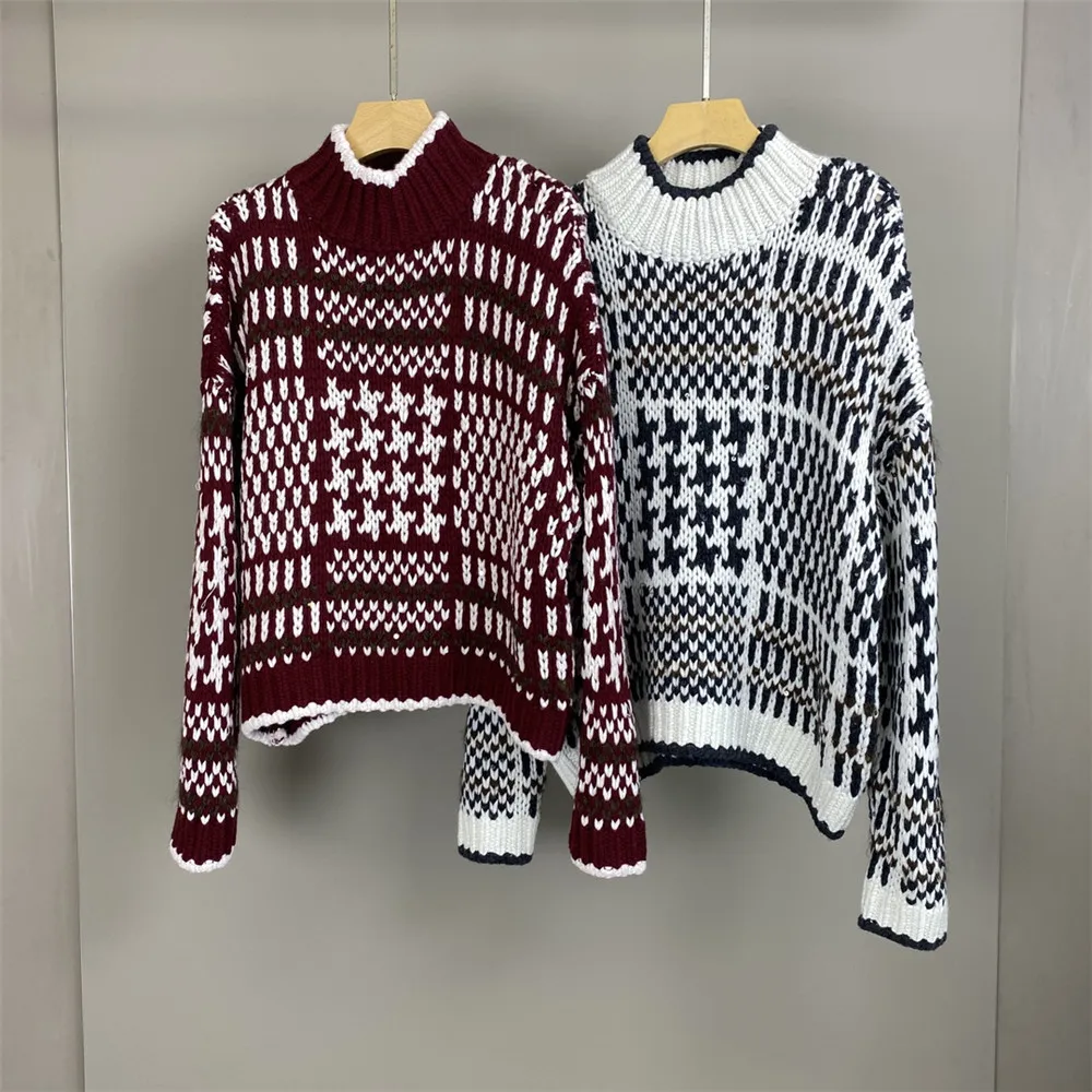 

25 Autumn/Winter New Women's Heavy duty Half High Collar Splicing Cashmere Blended Knitted Pullover