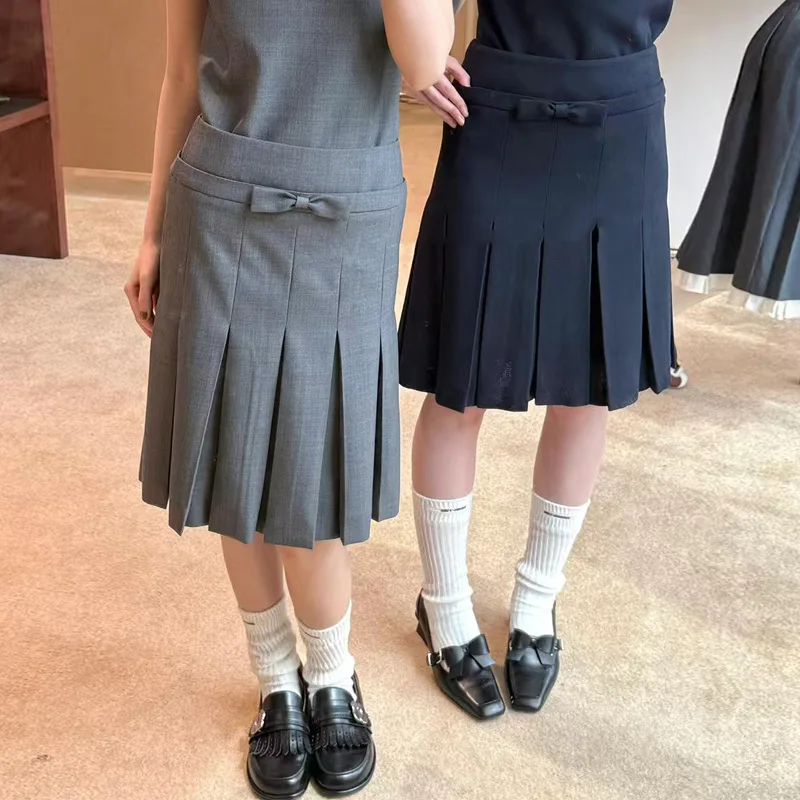 2025 Autumn Winter New Wool Blend Pleated Skirt Bow Decor Women Office Skirt  y2k skirt