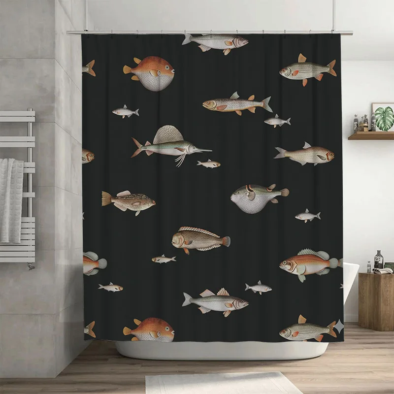 Vintage Fisch-Illustration Duschvorhang Meereslebewesen Stoff Badezimmer-Dekoration mit Haken Retro Ozean-Tier-Kunst Badvorhang