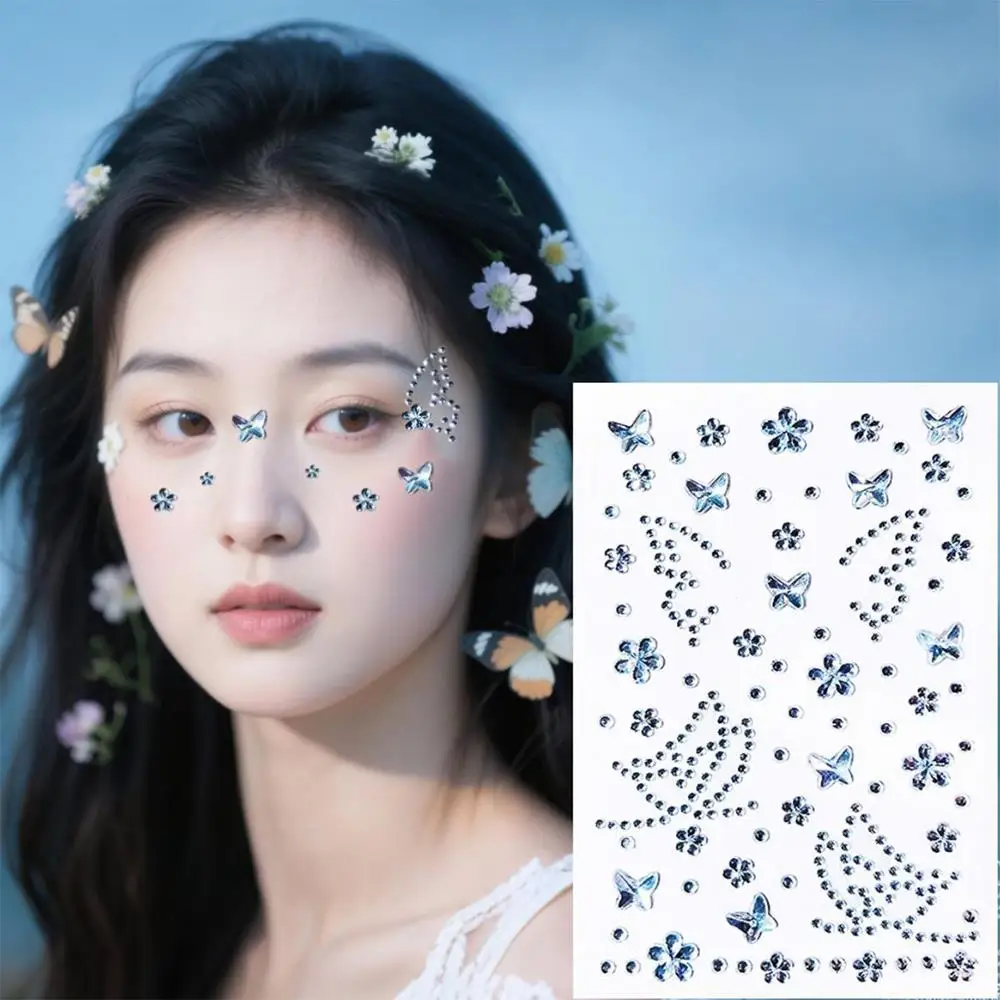 

1Sheet 3D Fantasy White Butterfly Flower Face Gems Sticker Self-Adhesive Sparkling Rhinestone Body Tattoo for Party Makeup Decor