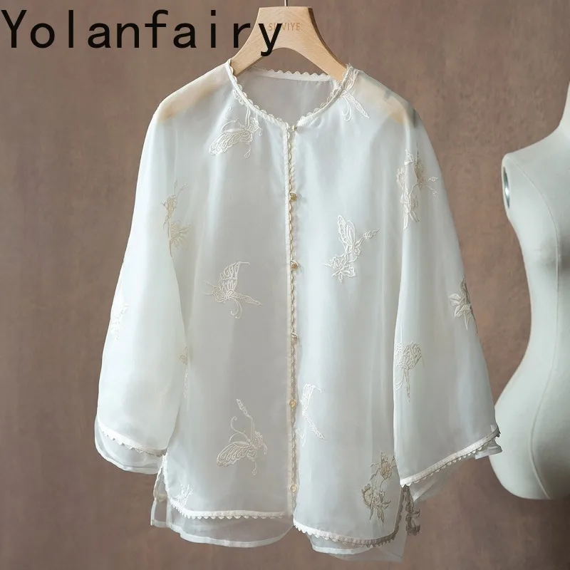 YOLANFAIRY 100% Mulberry Silk Organza Shirts Woman Sunscreen Cardigan Lace Embroidery Blouse Chinese Style Sheer Womens Top