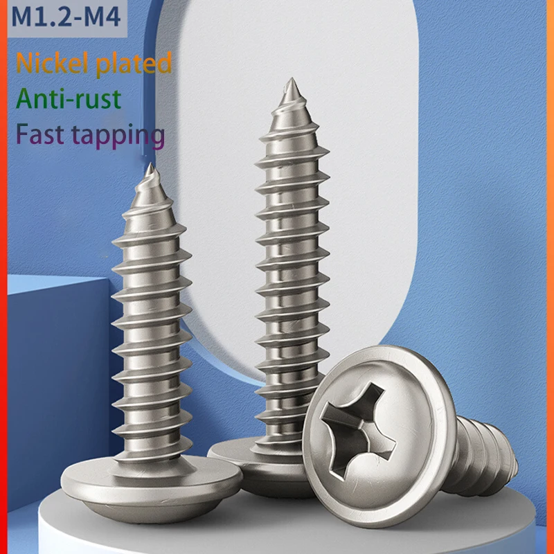 100pcs M1.7 M2 M2.3 M2.6 M3 M4 PWA Phillips Cross Round Head with Washer Self Tapping Screw Nickel Plating