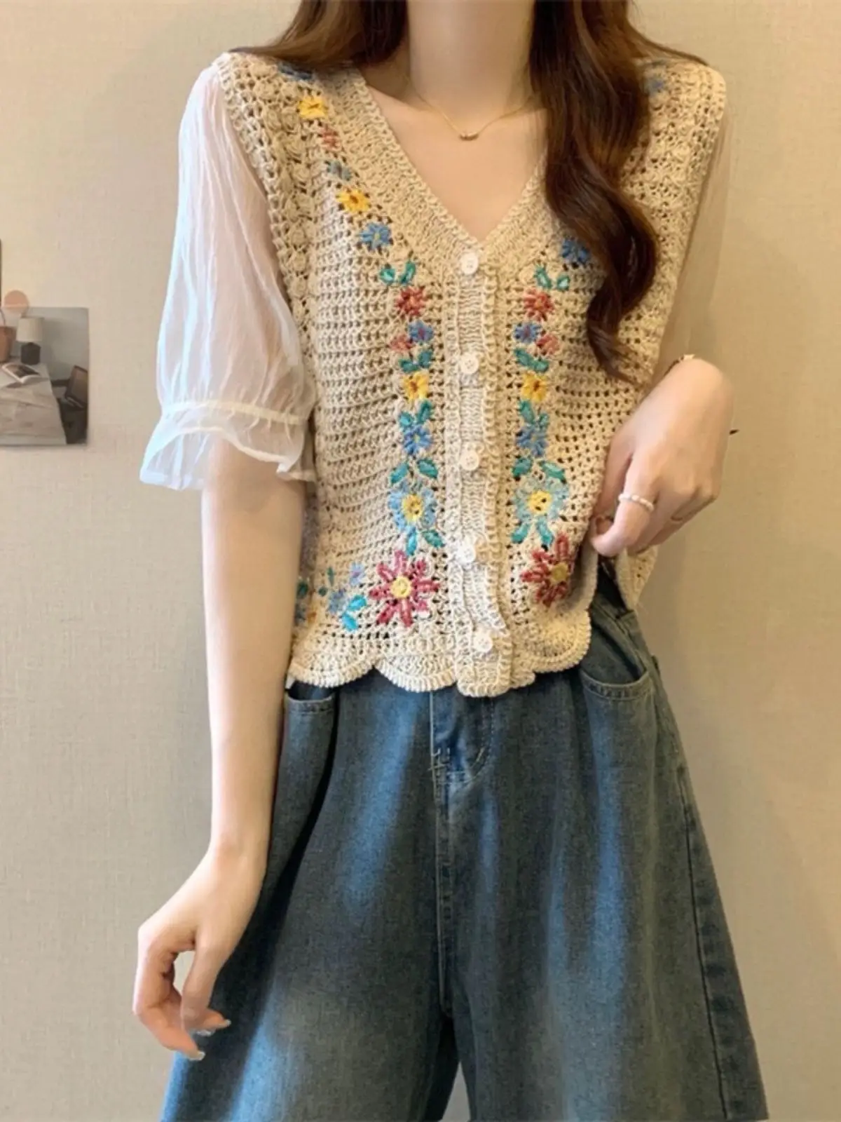 Korean Fashion Crochet Knit Top with Chiffon Sleeve V-neck Women Blouse Cardigan Floral Embroidery Ins Trend Vintage Top