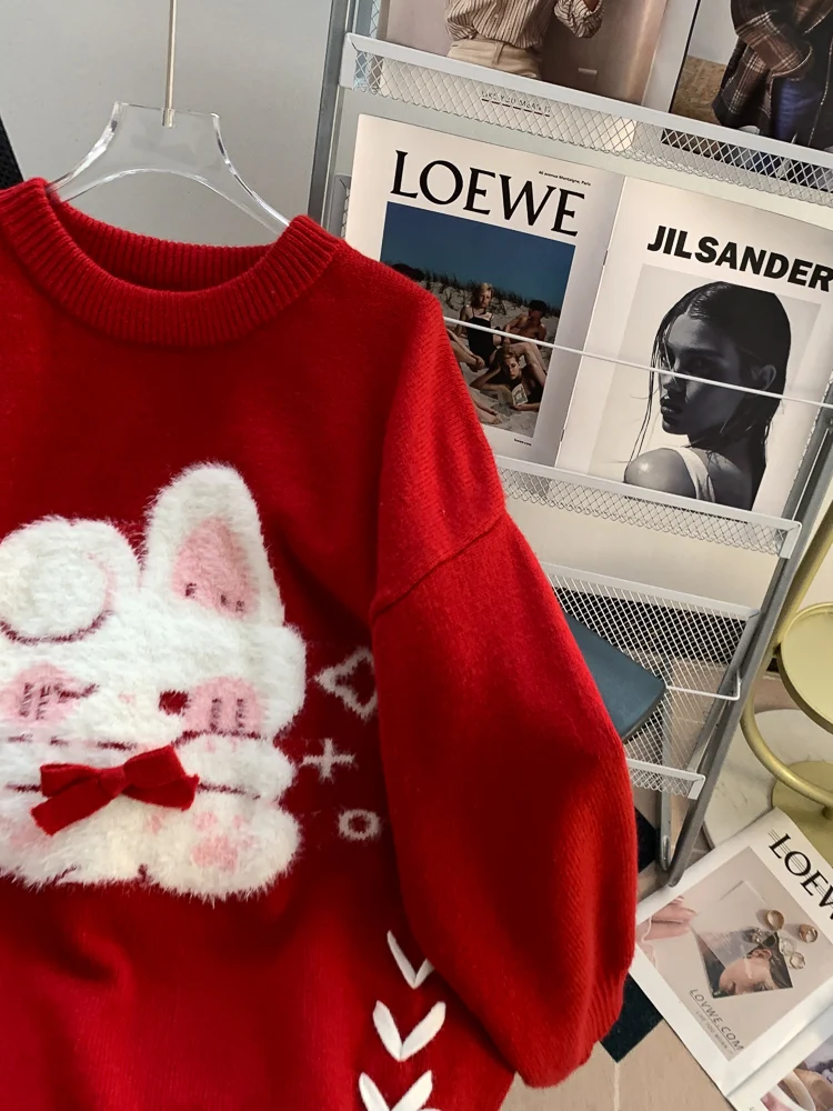 Red Christmas New Year Cute Rabbit Sweater Long Sleeve Bow Tie Knitted Sweater Loose Sweet Soft Warm Autumn/Winter Women's Top