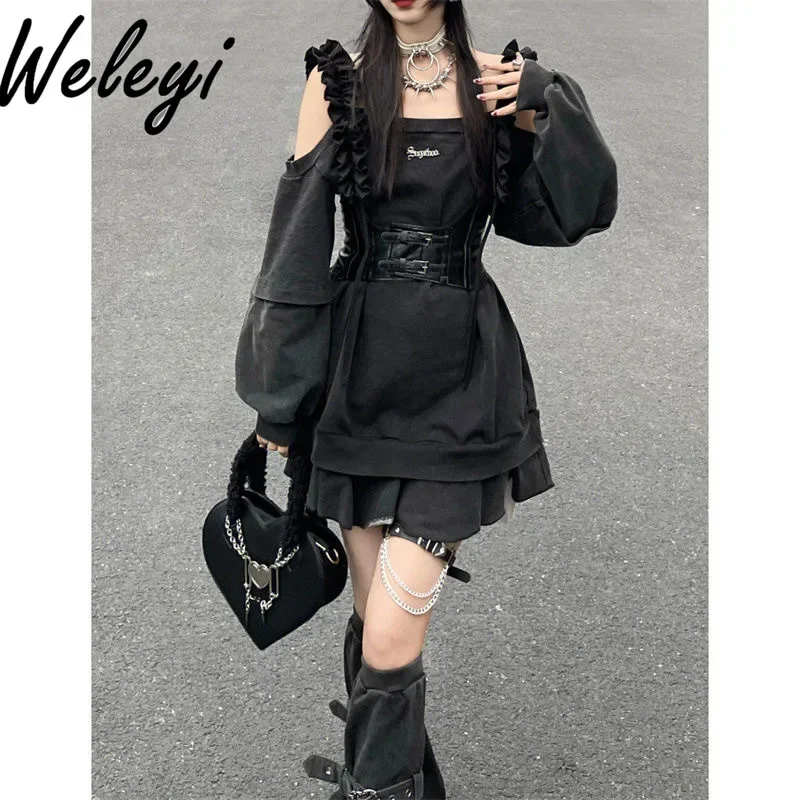 Harajuku Y2K Punk Loose Hoodies Dress Two Pieces Suit Women Socks Grey T-shirts Vestidos Long Sleeve College Girls Dresses Sets