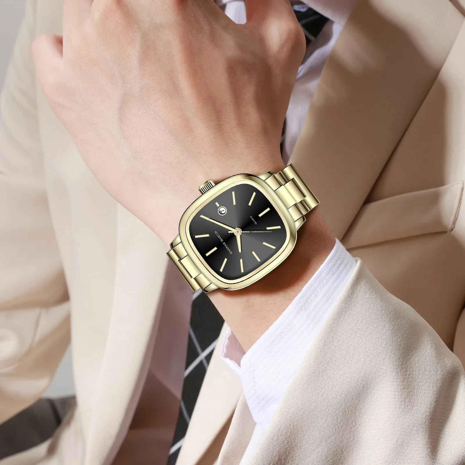 Japanese Movement Square Fashion Stainless Steel Strap Original Business Style Silver Black Waterproof 3Bar Quartz Watch for Men