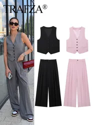 TRAFZA 2024 Female Vest Pants Set Solid Sleeveless V-Neck Grey Vest +High Waist Zipper Casual Loose Pant Office Lady Suit Street