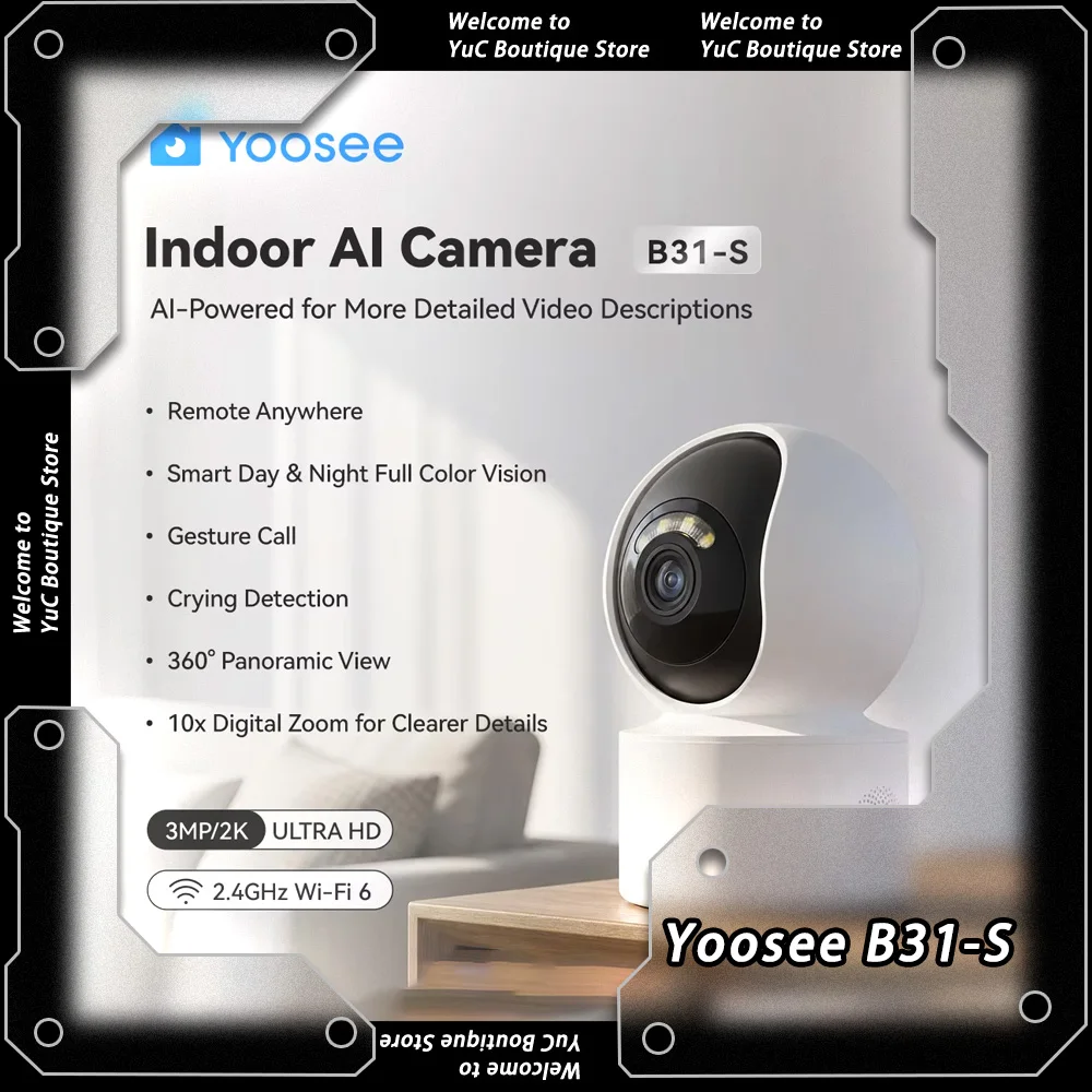 Yoosee B31-S 2K Ultra HD AI Smart Security Camera Indoor 3MP WiFi6 Human Pet Fire Detection Two Way Talk Full Color Night Vision