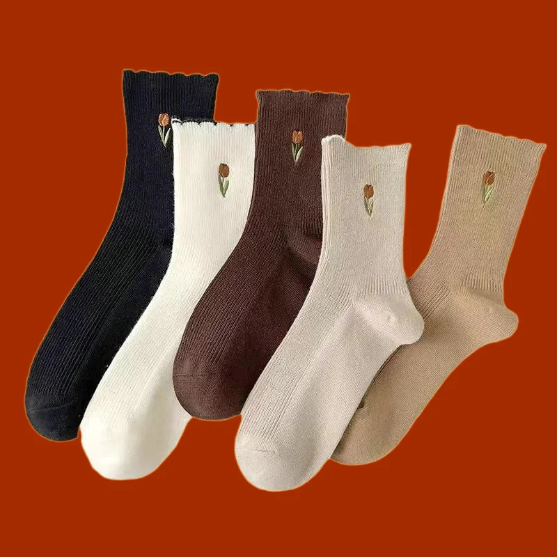 

5/10 Pairs Women's Retro College Style Socks Medium Length Socks Solid Color Socks High Length Women's Cotton High Quality Socks