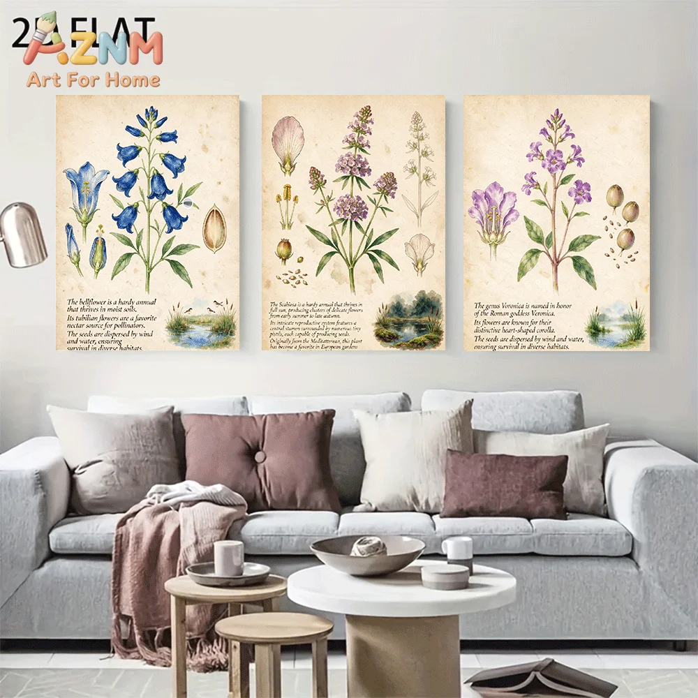 AZNM Frameless Canvas Wall Art, Vintage Botanical Wildflower Illustration Print, Antique Plant Diagram Wall Decor for Living Roo