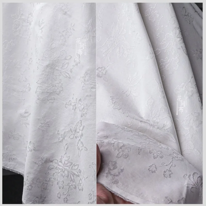 White Patterned Cotton Silk Jacquard Cotton Linen Fabric Three-dimensional Relief Fashion Skirt Coat Fashion Designer Fabric.