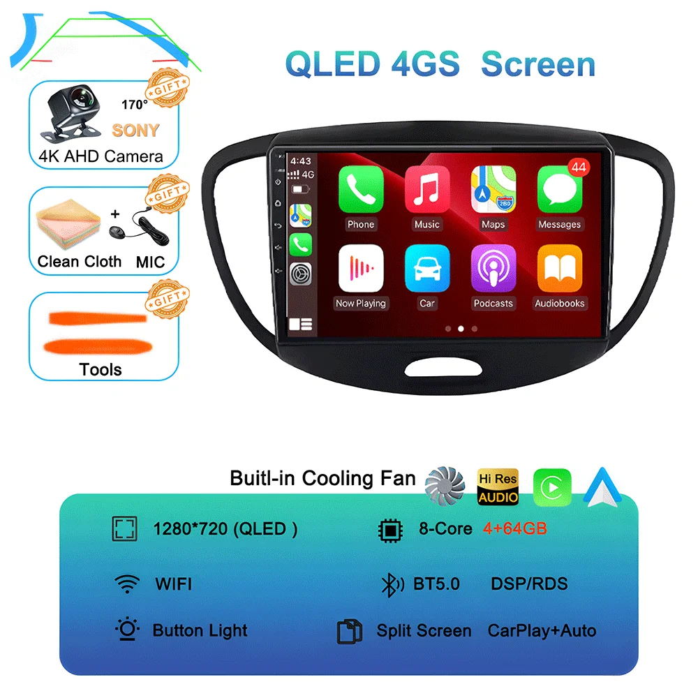 Android 16 Carplay Auto autoradio voor Hyundai I10 2007 - 2013 CarPlay Auto GPS Recorder Multimedia videospeler 4G+WiFi DSP