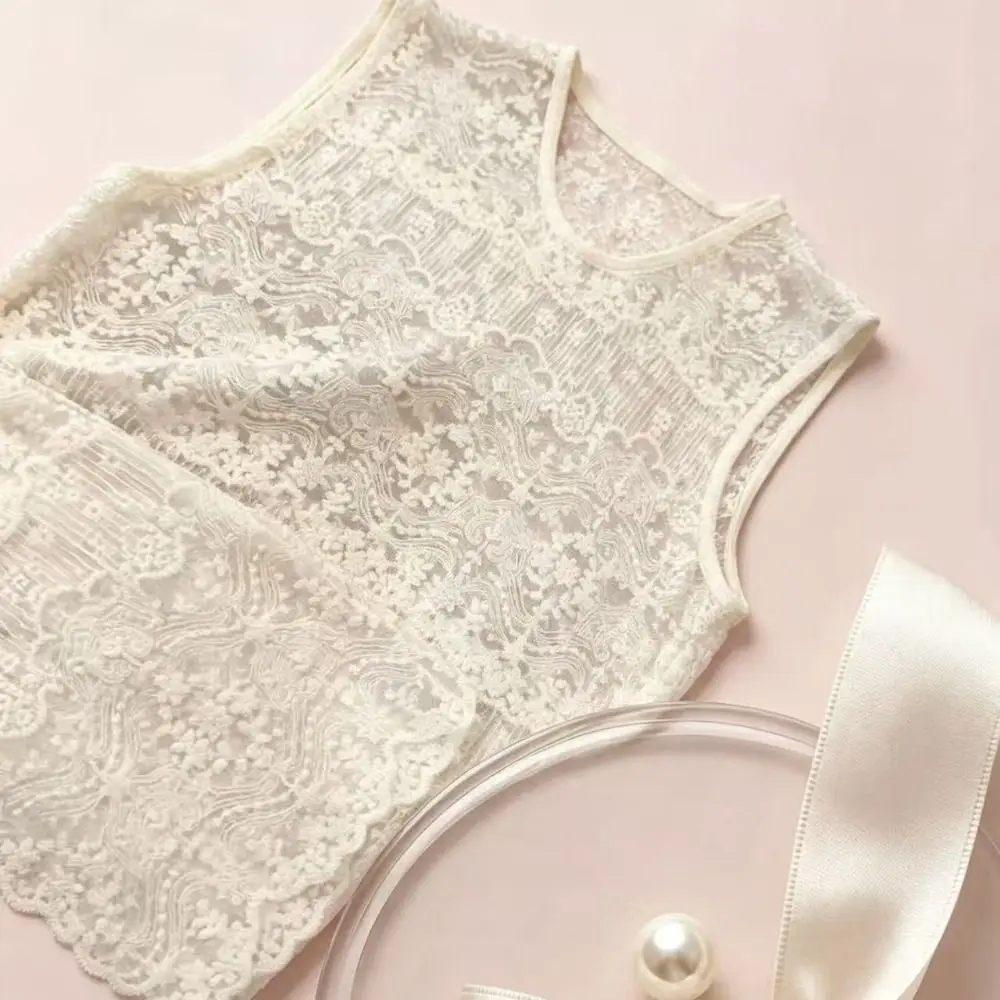 Stylish Crochet Lace Lace Tank Top Loose Fit U Neck Sleeveless Top Semi Sheer Floral Tank Top