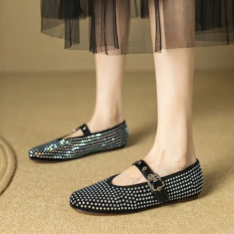 

Rhinestone Concise Flat Sole Single Shoe Black Apricot Punk Style Spring New Fashion Women Shoes Size 34-43 Handmade Shoes