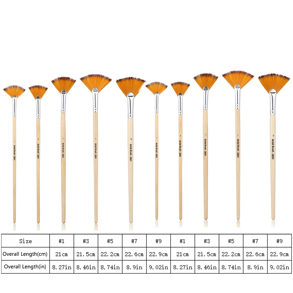 Artist Fan Paint Brush Set of 10， Anti-Shedding Brush Tips,Wooden Handle for Comfortable Holding, Great for Acrylic Oil Painting