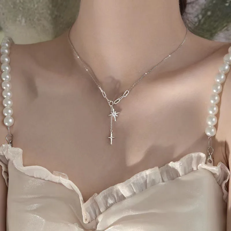 Silberfarbene Y-Halskette für Damen, Modische Kristall-Stern-Anhänger-Halskette, Lange Quasten-Schlüsselbeinkette, Damen-Party-Schmuck – Detail 2