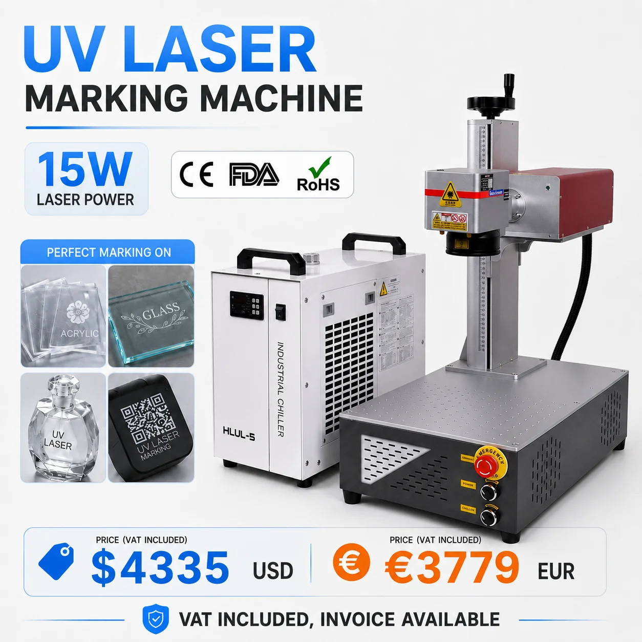 CRS 15W UV Marking Machine,  Water-cooled, Suitable for Metals, Jewelry, etc., Supports Custom Patterns.