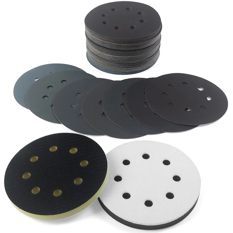 

5 Inch Sanding Discs 100 Pcs Hook and Loop Wet/Dry Sandpaper with 2 Pcs Interface Pad For Automotive Wood Metal Sander Polishing
