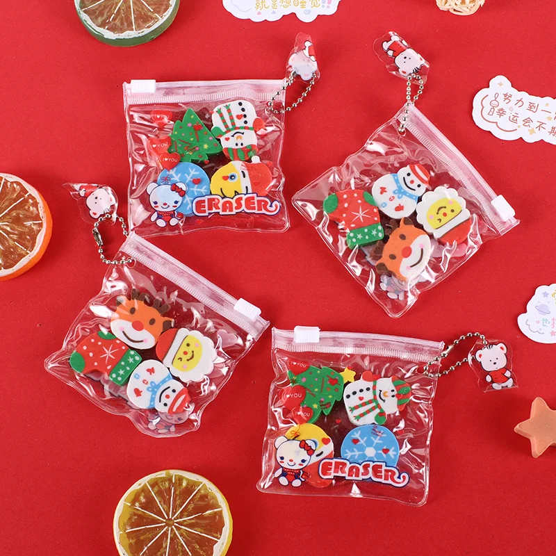 4Pcs/bag Christmas Eraser Creative Bag Dinosaur Fruit Eraser Primary School Student Learning Supplies Kindergarten Toy Gifts