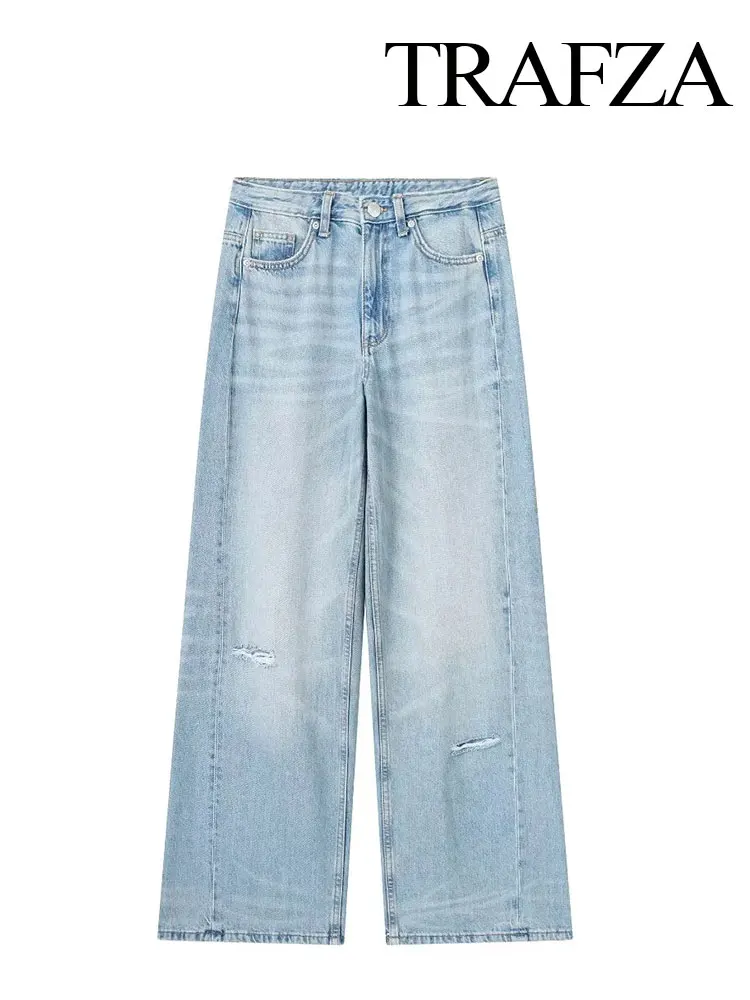 TRAFZA-Jean Long en Denim pour Femme, Pantalon à Jambes Larges, Cool, High Street, 4 Couleurs, Porté en Toutes Saisons, 2023