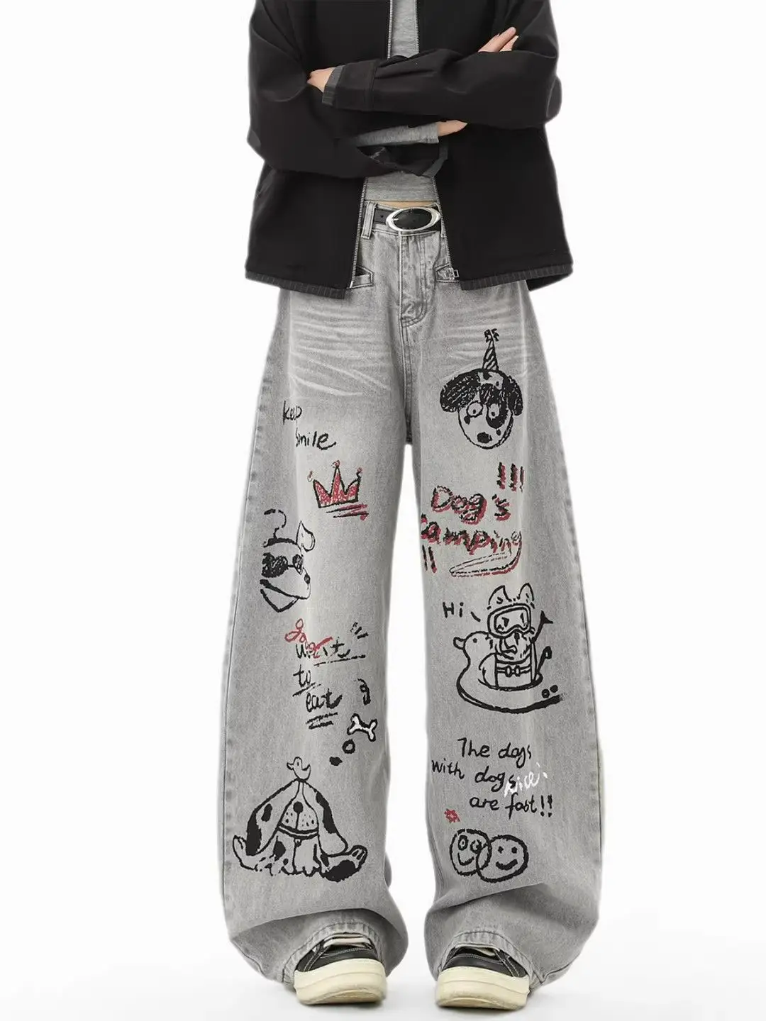 

Y2K Cartoon Jeans Women American Graffiti High Street Design Spring Wide Leg Pants Retro Hanging Straight Leg Floor