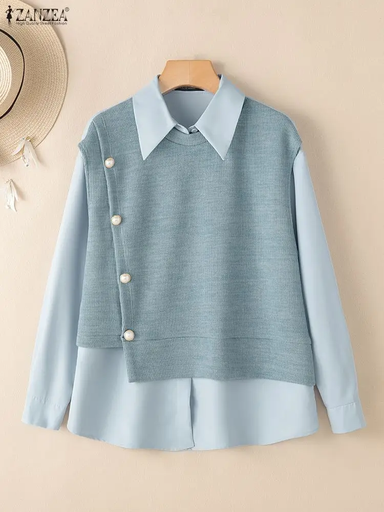2025 ZANZEA Stylish Women Autumn Long Sleeve Blouse Fake 2 Pieces Tops Pullover Elegant Lapel Neck Office Work Shirt Mujer Femme