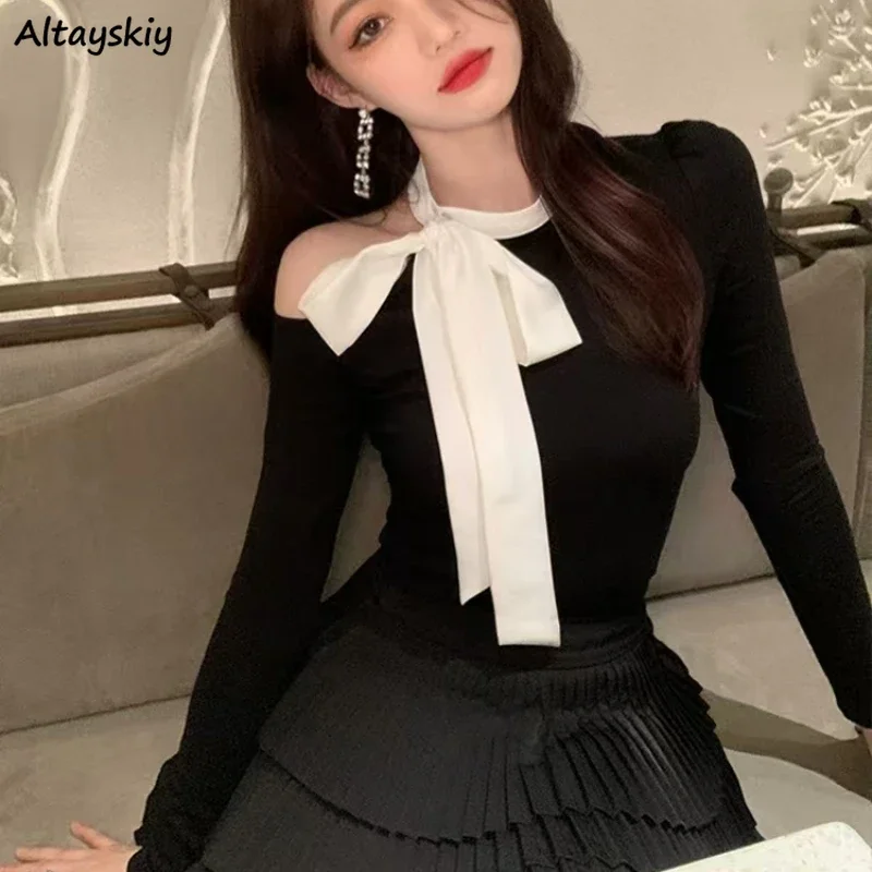 Long Sleeve Tshirts Women Off Shoulder Irregular Lace-up Bow Cropped Tops Girls Slim Casual Streetwear Party Sexy Attractive