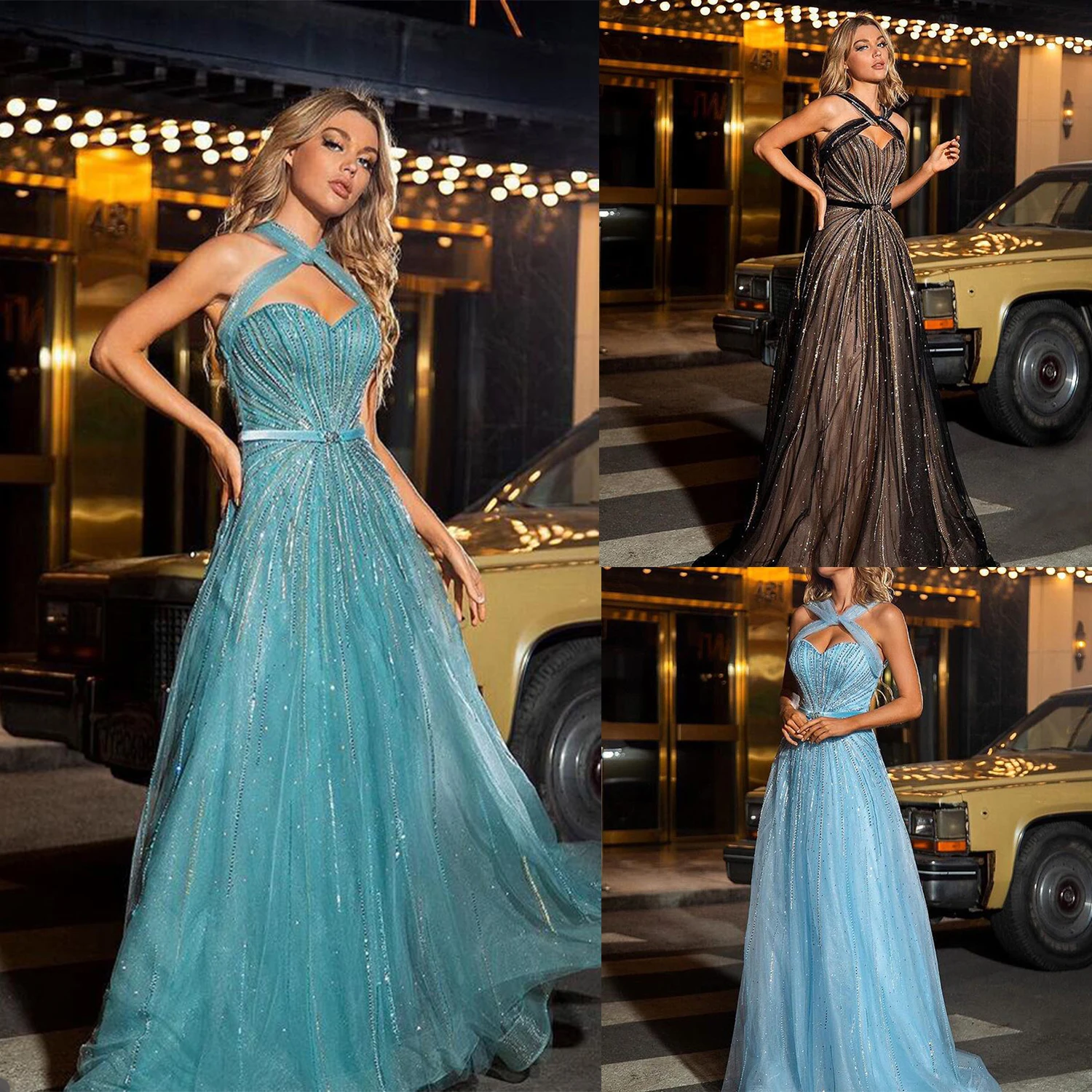 

Glamorous A Line Evening Dresses Tulle Halter Sweetheart Sequined Applique Gowns Sweep Train Vestidos De Noche Formal Occasion