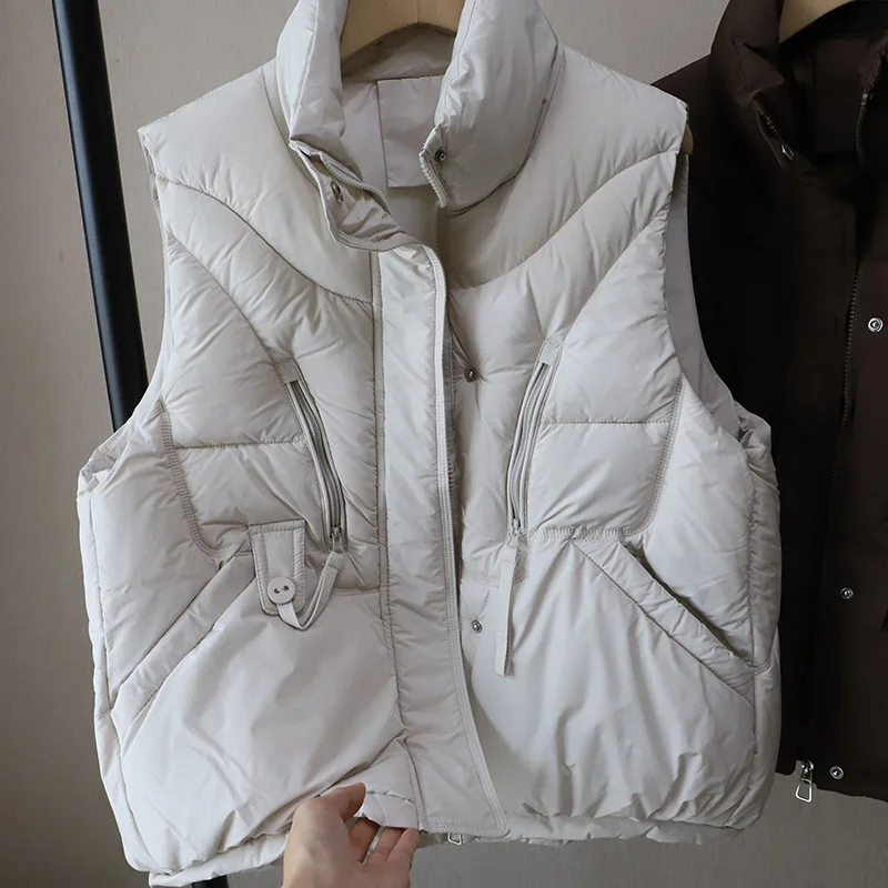 

Новый зимний свободный крой в Корейском стиле, воротник-стойка на молнии, утягивающий повседневный жилет с большими кетами, женский хлопковый жилет