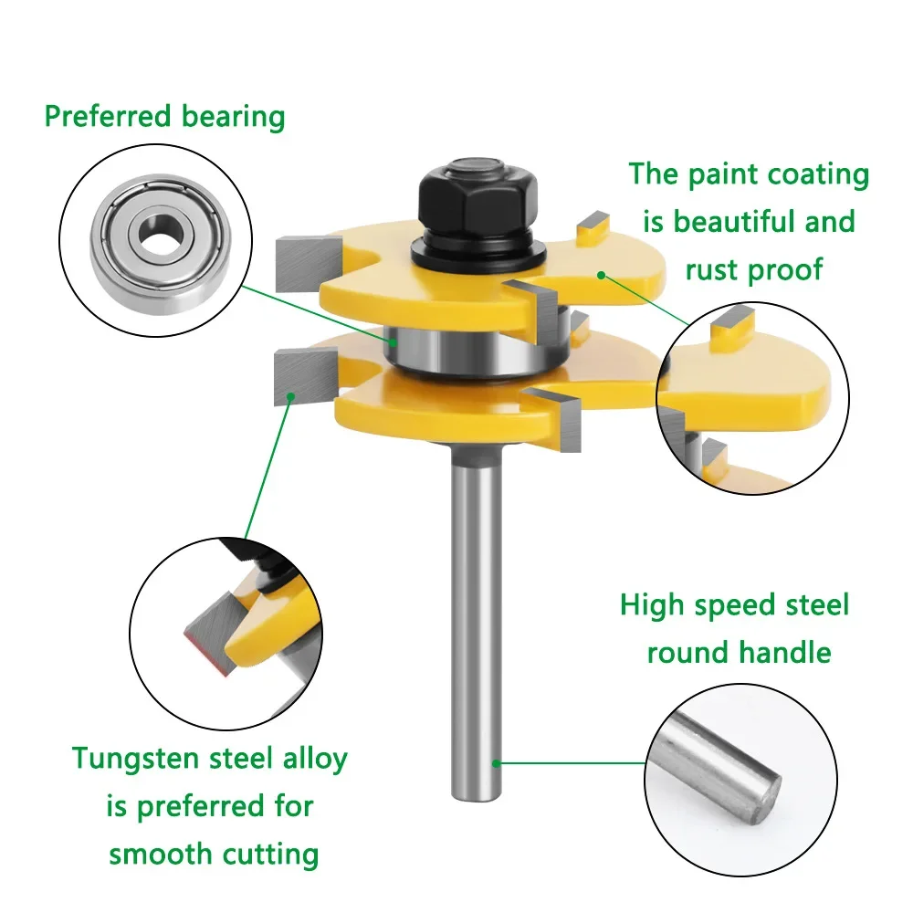 2PCS Woodworking T-Slot Milling Cutter 3 Teeth T Shaped Tenon Square Tooth Floor Splicing Knife Carving Knives Cutting Tools