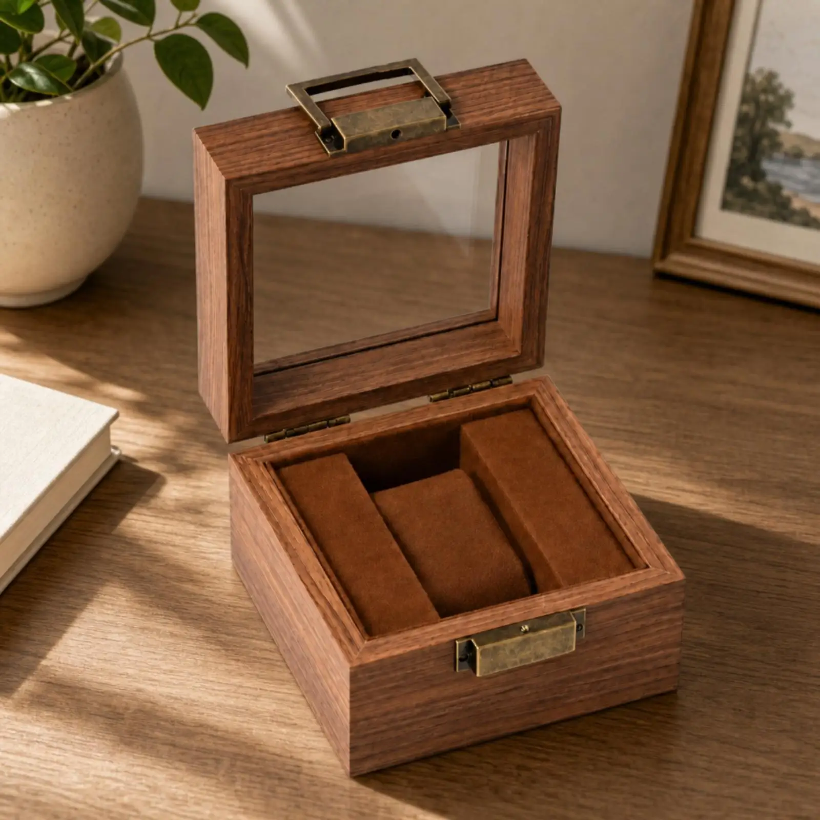Single Slot Watch Box with Glass Top Walnut Finish Cushioned Interior Compact Dimensions for Desk Shelf Counter Storage