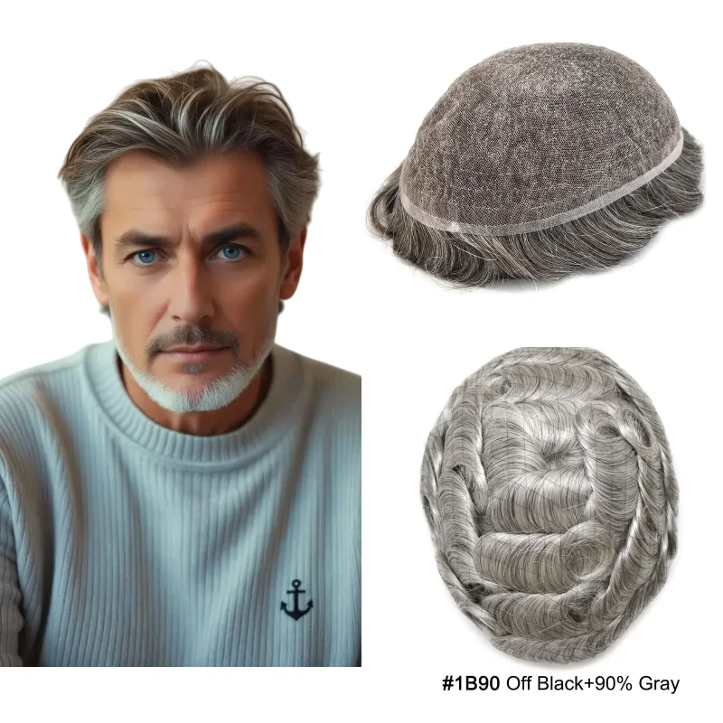 

Full Lace Base Men Toupee 6x8 Inch Human Hair With Grey Blending | For Camping Colors 1B #613 Low Maintenance
