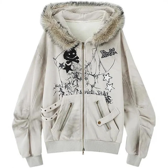 Y2K Style Women's Retro Garbage Rock Zipper Hoodie Plush Edge Loose Fit Streetwear with Skull Star Pattern