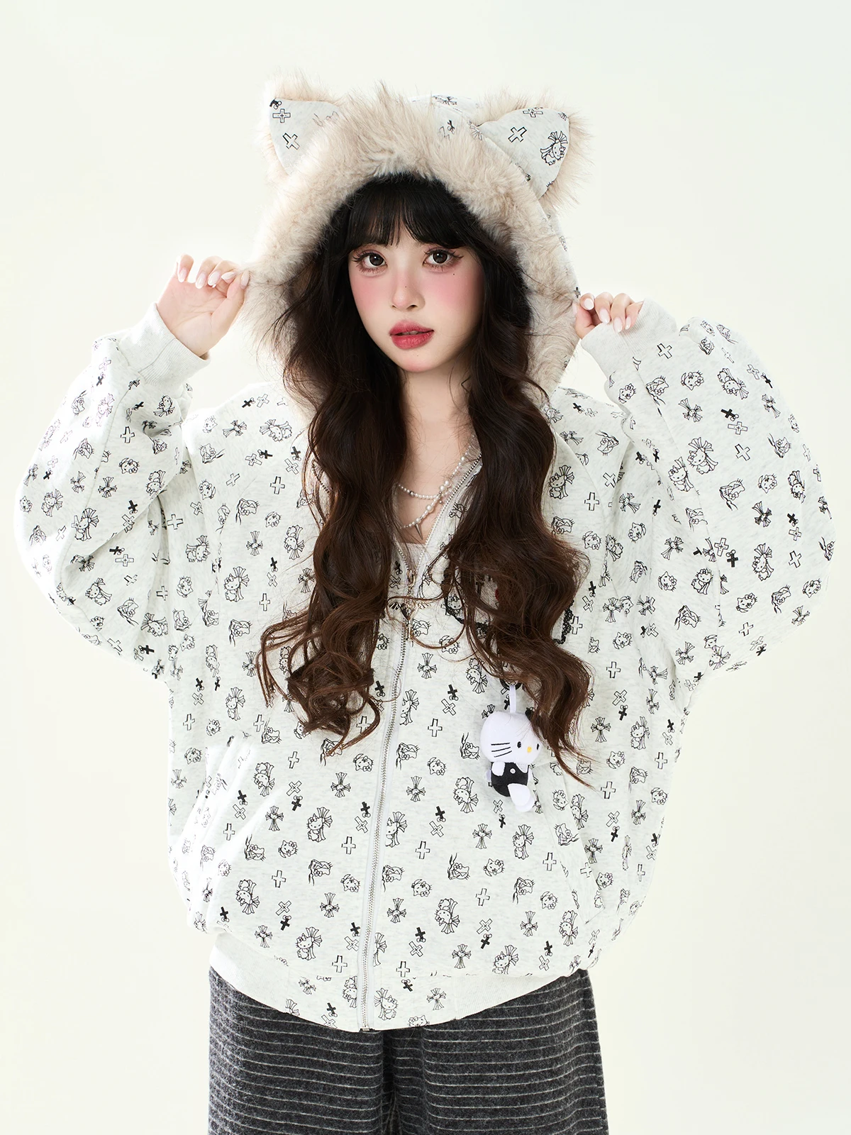 

ENJOG Sweet Cool Женская повседневная свободная зимняя куртка с капюшоном из хлопка, с принтом KT, на молнии, с длинными рукавами