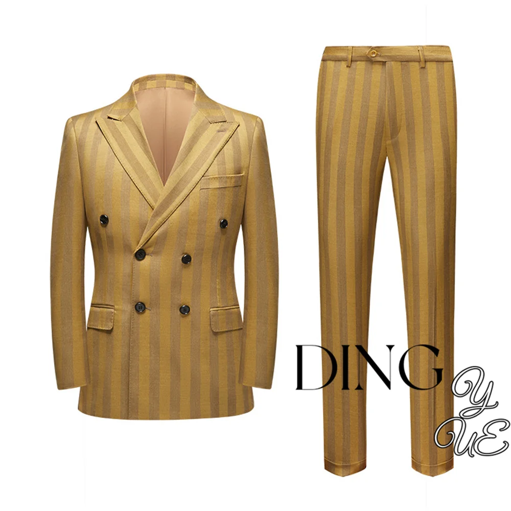 Gold Men Suit two-piece New 2024 Double-breasted Suit men\'s Striped  Korean Style Casual Blazers Jacket Trousers