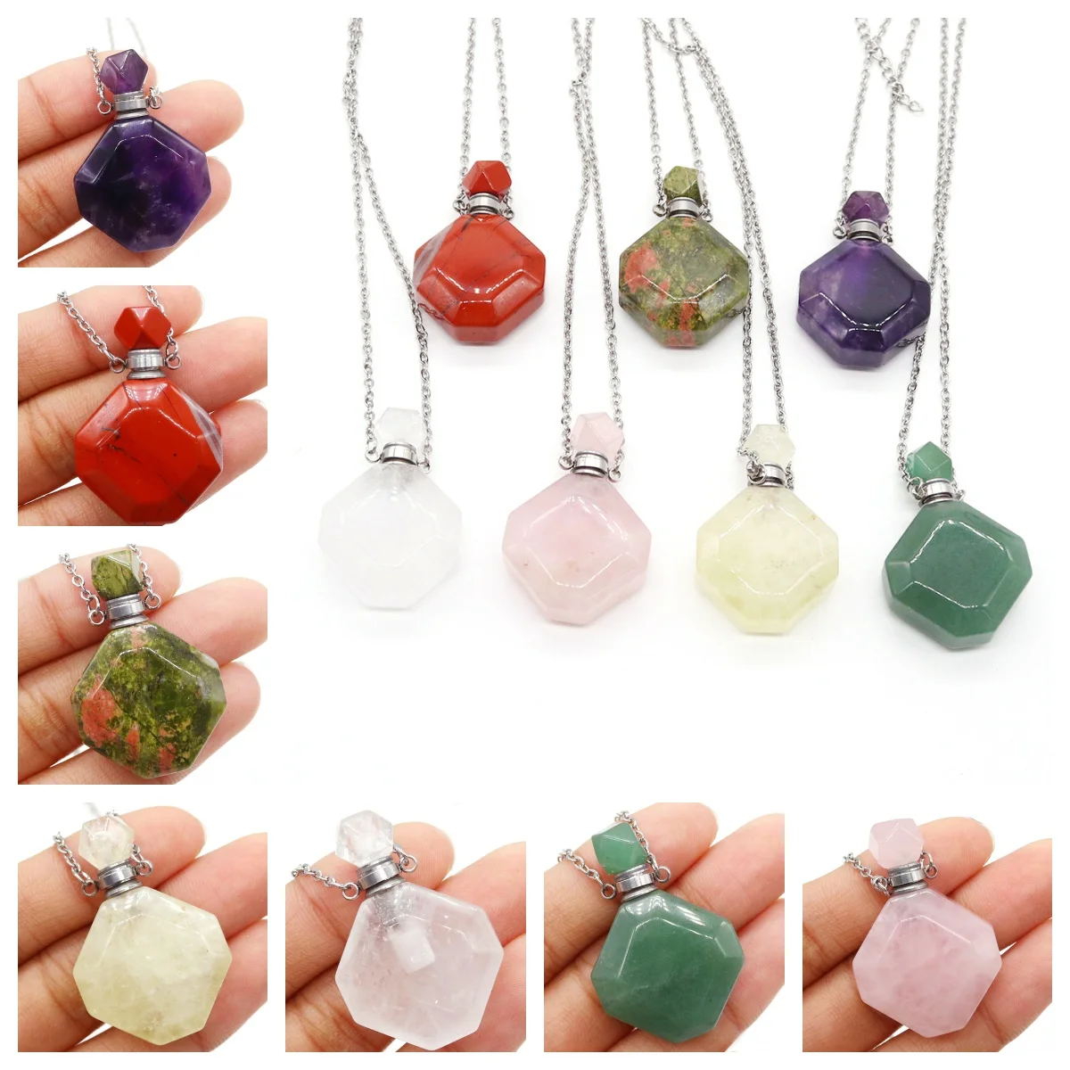 

Natural Stone Healing Crystal Perfume Bottle Pendant Necklace Citrine Amethyst Charm for Women's Fashion Jewelry Necklace Gifts