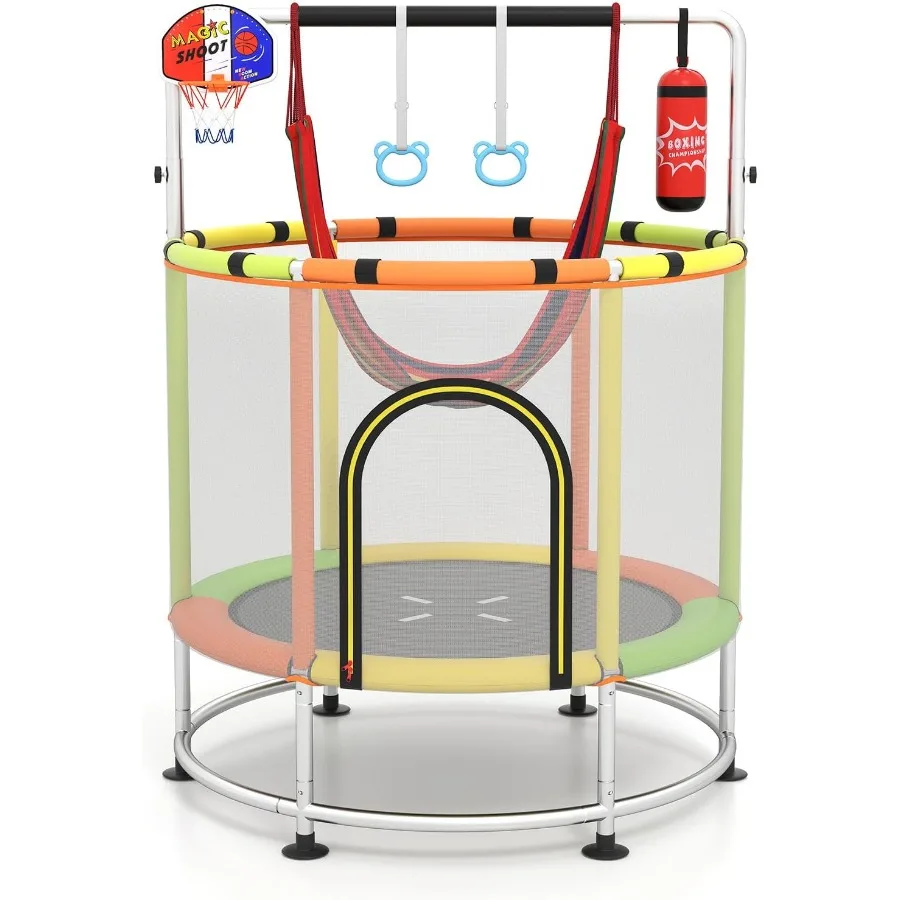 55 Trampolín para 440LBS 6 en 1 rebotador para niños pequeños con columpio aro de baloncesto saco de boxeo anillos barra sin espacio estera de salto Mini Ind